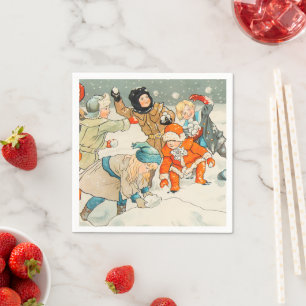 Jenny Nystrom, Children playing in snow, Christmas Napkin