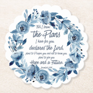 Jeremiah 29:11 For I know the Plans Blue Floral Paper Coaster