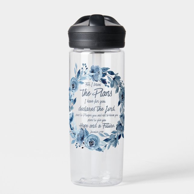 Jeremiah 29:11 For I know the Plans Blue Floral Water Bottle (Front)