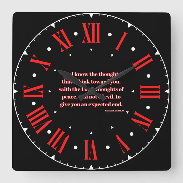 Jeremiah 29:11 KJV Bible Verse Red Roman Numeral Square Wall Clock (Front)