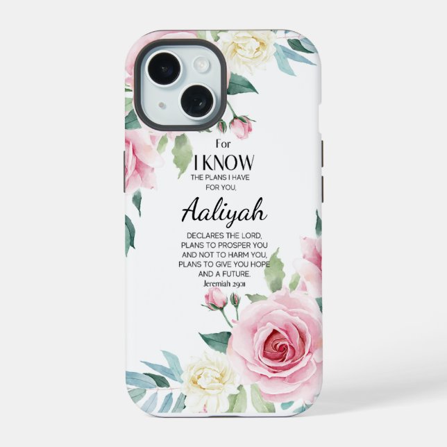 Jeremiah 29:11 Pink Rose Personalize iPhone 15 Case (Back)