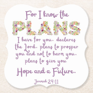 Jeremiah 29:11 Purple, Floral Letters Christian Paper Coaster
