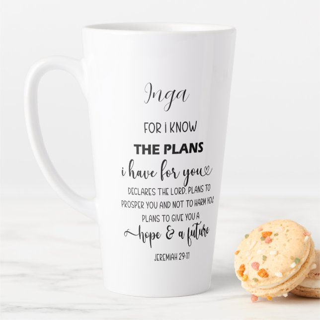 Jeremiah 29:11 Script Style Bible Verse With Name Latte Mug (In Situ)
