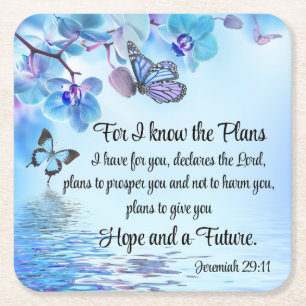 Jeremiah 29:11 Tropical Orchids Butterfly Bible Square Paper Coaster