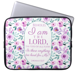 Jeremiah 32:27 with Purple Flowers Background Laptop Sleeve