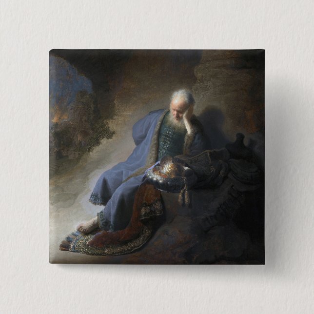 Jeremiah Lamenting on Fall of Jerusalem, Rembrandt 2 Inch Square Button (Front)