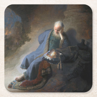 Jeremiah Lamenting on Fall of Jerusalem, Rembrandt Square Paper Coaster