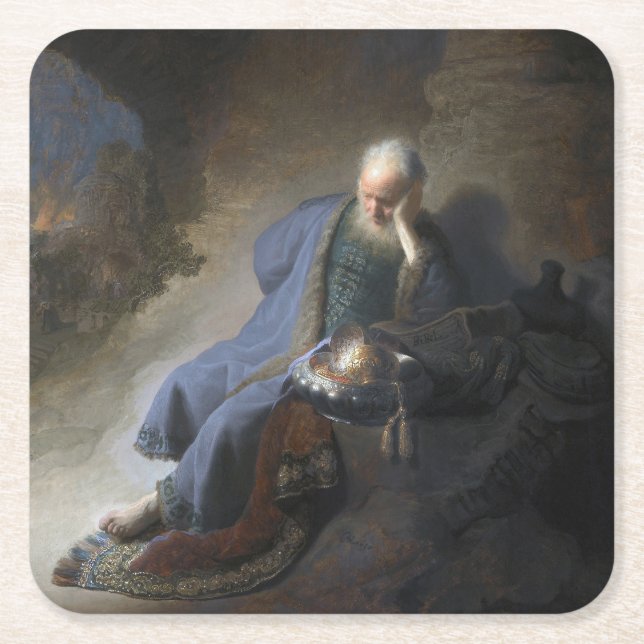 Jeremiah Lamenting on Fall of Jerusalem, Rembrandt Square Paper Coaster (Front)