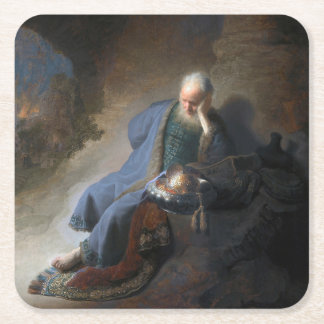 Jeremiah Lamenting on Fall of Jerusalem, Rembrandt Square Paper Coaster