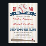 Jersey Baseball Themed Wedding Invitations<br><div class="desc">ANNOUNCE THE BRIDE AND GROOM WHO IS STEPPING UP TO THE PLATE WITH THESE CUTE AND FORMAL BASEBALL THEMED WEDDING INVITATIONS IN RED, WHITE AND NAVY BLUE HUES WITH A BASEBALL AND BAT DESIGN ON A CREAM AND WHITE STRIPED PATTERN BACKGROUND. ADD THE YEAR OF YOUR MARRIAGE ON THE PRINTED...</div>