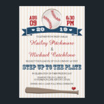Jersey Baseball Themed Wedding Invitations<br><div class="desc">ANNOUNCE THE BRIDE AND GROOM WHO IS STEPPING UP TO THE PLATE WITH THESE CUTE AND FORMAL BASEBALL THEMED WEDDING INVITATIONS IN RED, WHITE AND NAVY BLUE HUES WITH A BASEBALL AND BAT DESIGN ON A CREAM AND WHITE STRIPED PATTERN BACKGROUND. ADD THE YEAR OF YOUR MARRIAGE ON THE PRINTED...</div>