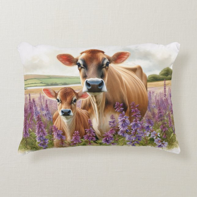Jersey Cow and Calf Wildflower Accent Pillow (Front)