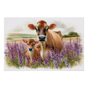 Jersey Cow and Calf Wildflower Poster
