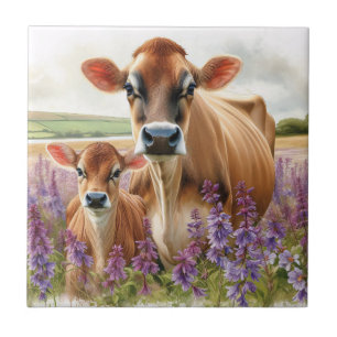 Jersey Cow and Calf Wildflower Tile