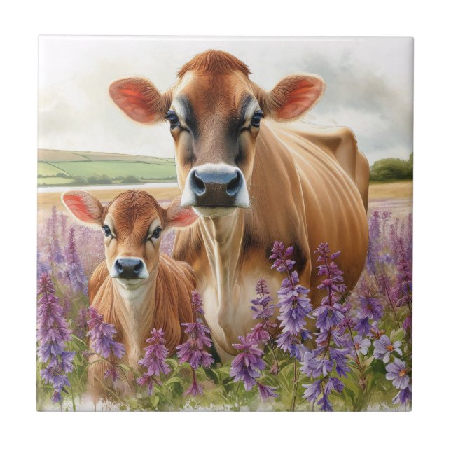 Jersey Cow and Calf Wildflower Tile (Front)