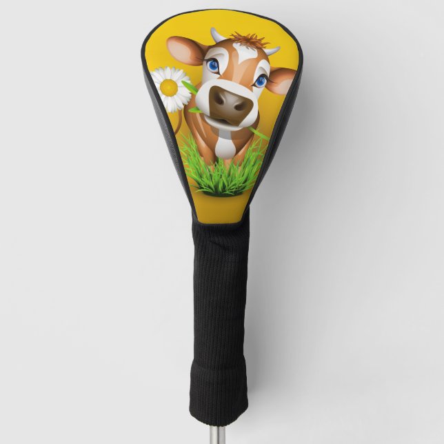 Jersey cow in grass over yellow golf head cover (Front)