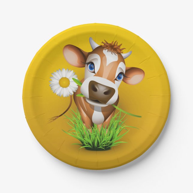Jersey cow in grass over yellow paper plate (Front)