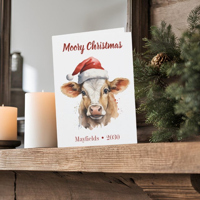 Jersey Cow "Moory Christmas" Carte de vacances pli (Moory Christmas jersey cow folded holiday card with white background)