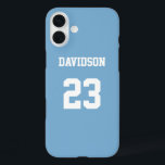 Jersey Name Number Light Blue White Custom iPhone 16 Plus Case<br><div class="desc">Add a name and number(s) to personalize this custom light blue and white sports jersey inspired phone case. It is an excellent gift for a sports fan or athlete. The options to change the colour and font sizes are available.</div>