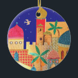 Jerusalem City Colourful Art Ceramic Ornament<br><div class="desc">jerusalem, "old city", islam, islamic, jewish, judaism, jew, jews, israel, colourful, multicolor, bright, muslim, domes, dome, architecture, buildings, city, town, birds, night, doves, peace, shalom, "middle east", "middle eastern", arabian, arab, arabic, gold, ancient, religious, religion, rock, judaica, judaic, mosque, biblical, bible, cityscape, landscape, art, artistic, collage, israeli, yerushalayim, temple, mount,...</div>