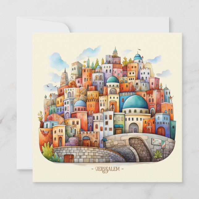 Jerusalem Cityscape Illustration Holiday Card (Front)