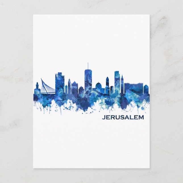 Jerusalem Israel Skyline Blue Invitation Postcard (Front)
