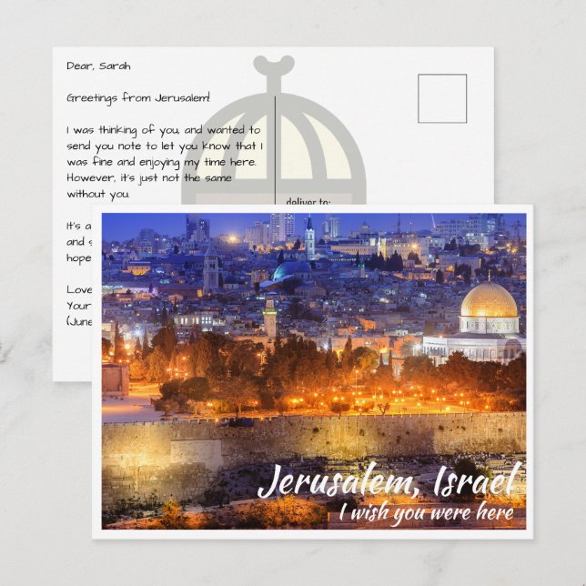 Jerusalem Israel with Dome of the Rock at Night Postcard (Front/Back)