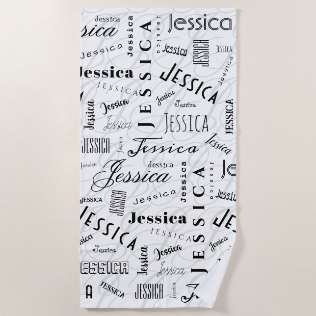 Jessica Custom Name Black White Beach Towel (Front)