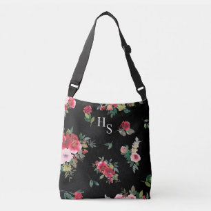 Jessica Watercolor Monogrammed Floral in Black Crossbody Bag
