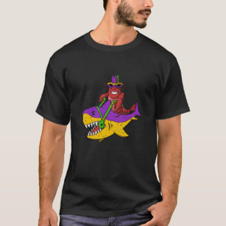 Jester Crawfish Riding Shark Mardi Gras Mask Carni T-Shirt