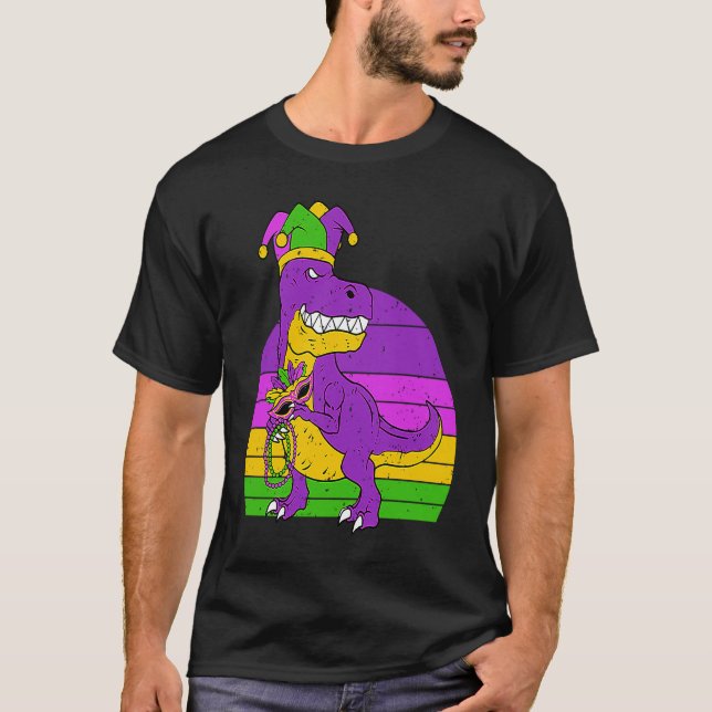Jester Dinosaur Masquerade Mask Sleeping Mardi Gra T-Shirt (Front)