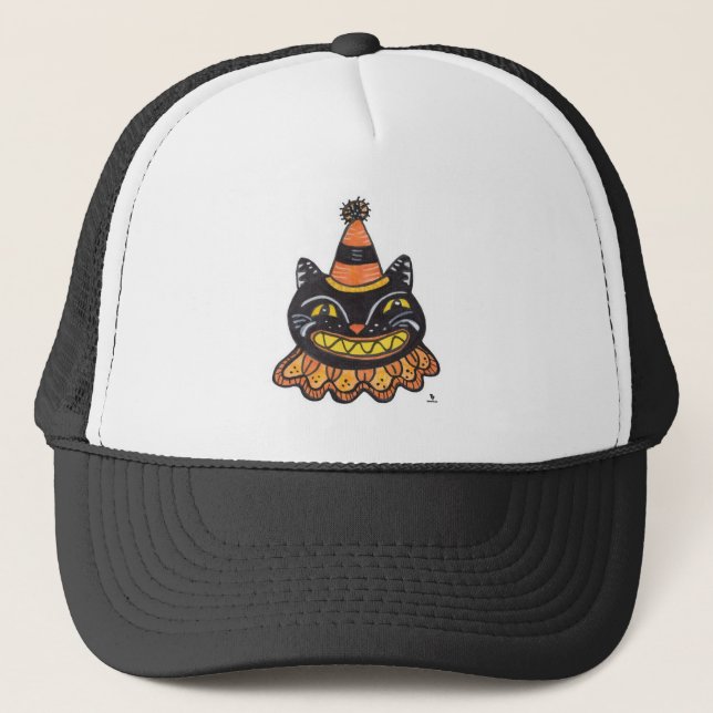  Jester Halloween Vintage Art Cartoon Cat Trucker Hat (Front)