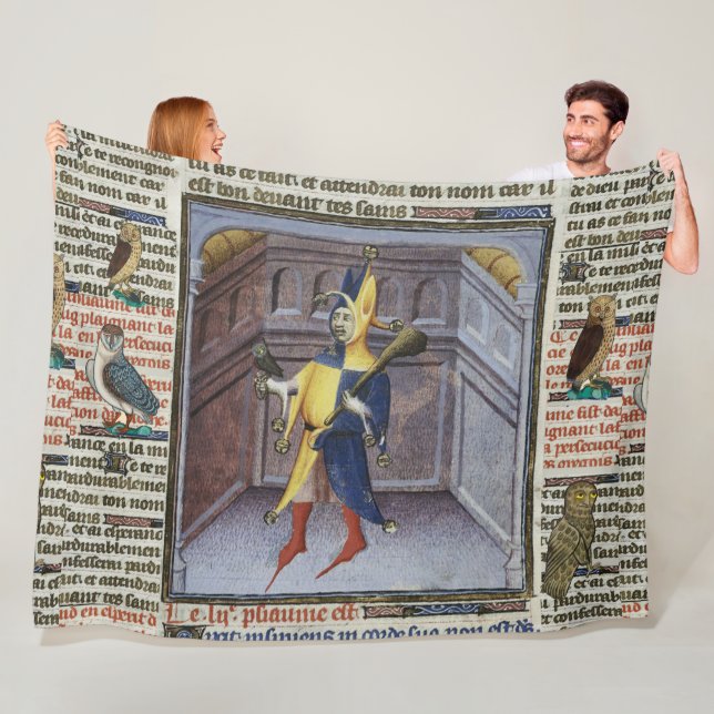 JESTER HOLDING OWL MEDIEVAL MANUSCRIPT FLEECE BLANKET (In Situ)