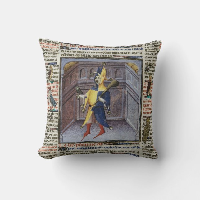 JESTER HOLDING OWL MEDIEVAL MANUSCRIPT THROW PILLOW (Front)