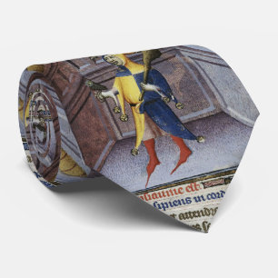 JESTER HOLDING OWL MEDIEVAL MANUSCRIPT TIE