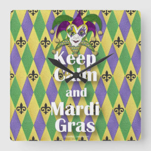 Jester Mask Keep Calm and Mardi Gras Square Wall Clock