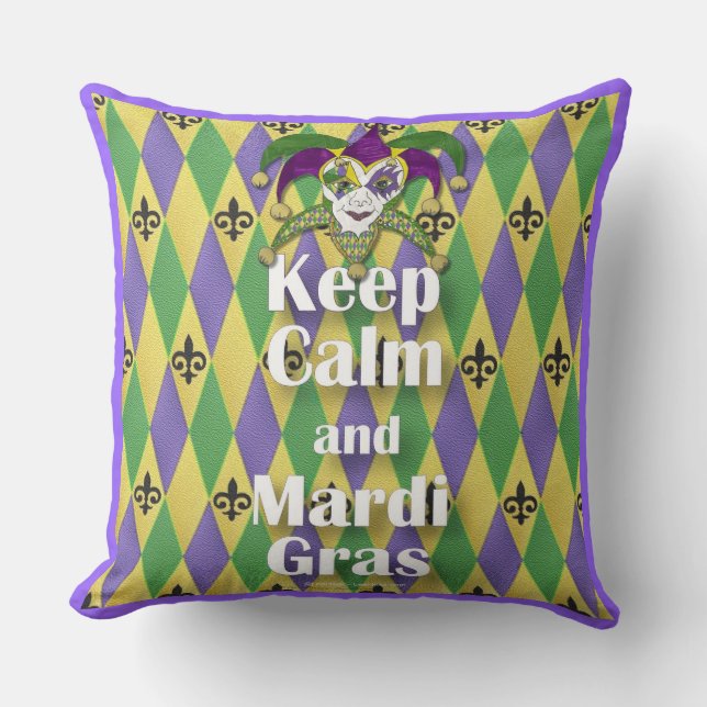 Jester Mask Keep Calm and Mardi Gras Throw Pillow (Front)