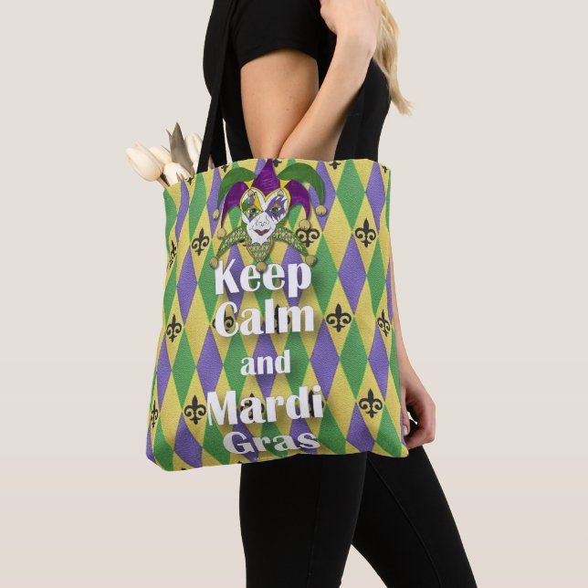 Jester Mask Keep Calm and Mardi Gras Tote Bag (Close Up)