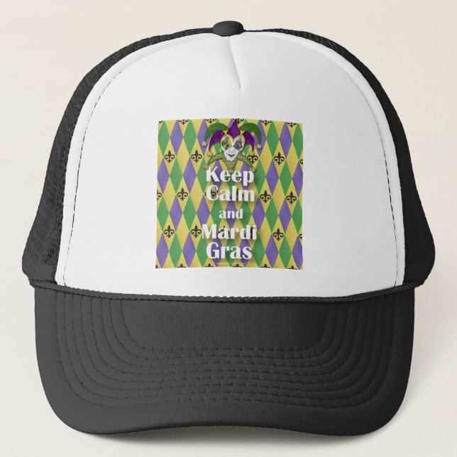 Jester Mask Keep Calm and Mardi Gras Trucker Hat (Front)