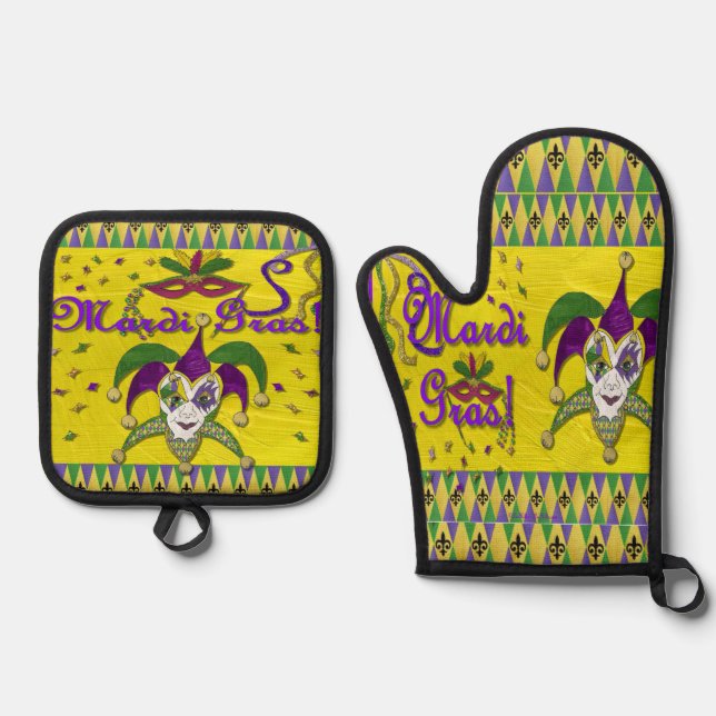 Jester Mask Mardi Gras Harlequin Oven Mitt & Pot Holder Set (Front)