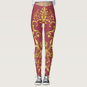 Jester Red with Gold Damask Pattern Athletic Leggings