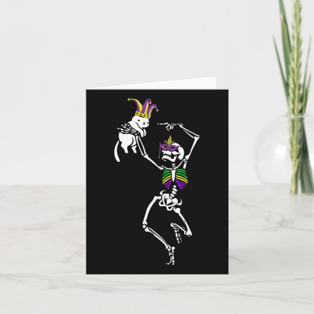 Jester Skeleton Dancing Cat Mardi Gras Mask Carniv Card (Front)