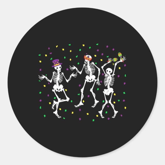 Jester Skeleton Dancing Mardi Gras Bones Carnival  Classic Round Sticker (Front)