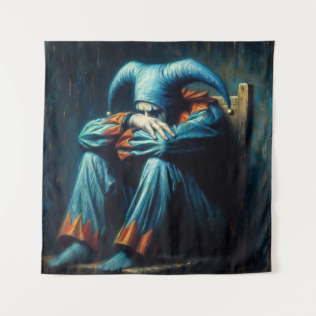 Jester Wearing Blue Sitting In Chair Tapestry (Front)