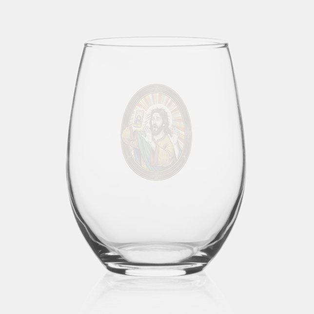 Jesus Accidental Front Camera Double Chin Selfie E Stemless Wine Glass (Front)