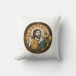 Jesus Accidental Front Camera Double Chin Selfie E Throw Pillow