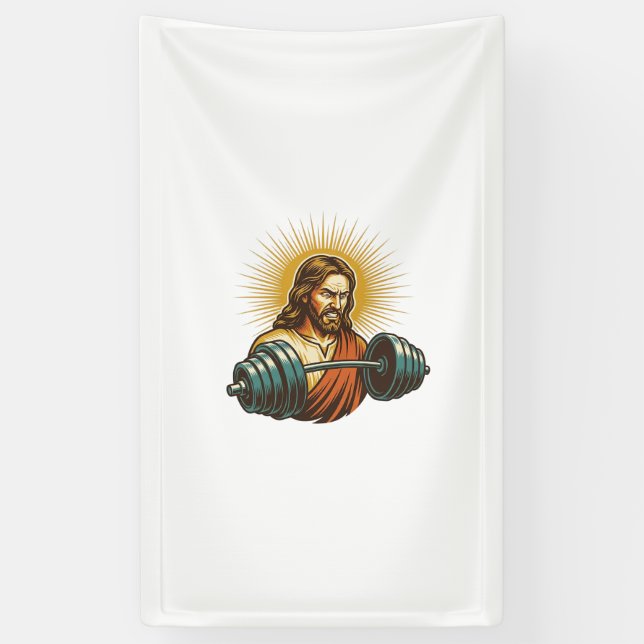 Jesus Accidentally Adding Too Much Weight Gym Fail Banner (Vertical)