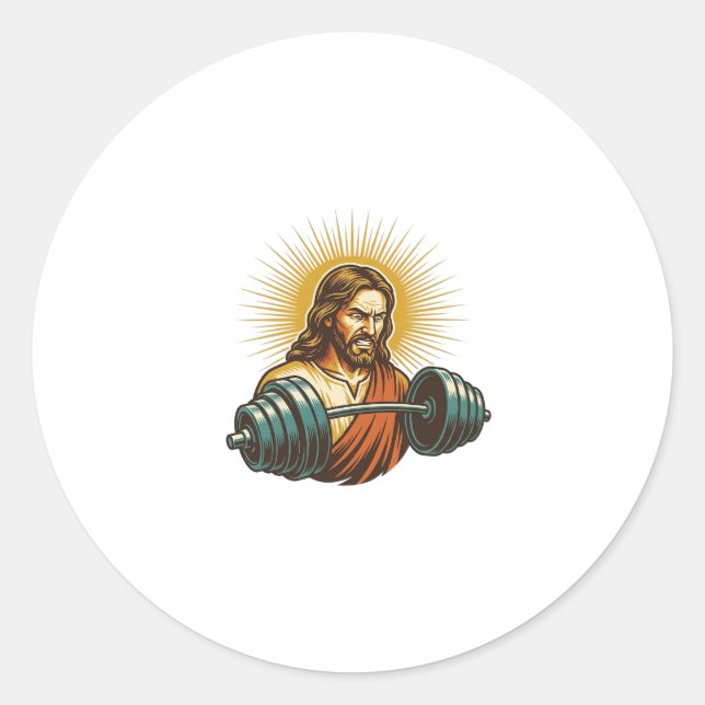 Jesus Accidentally Adding Too Much Weight Gym Fail Classic Round Sticker (Front)