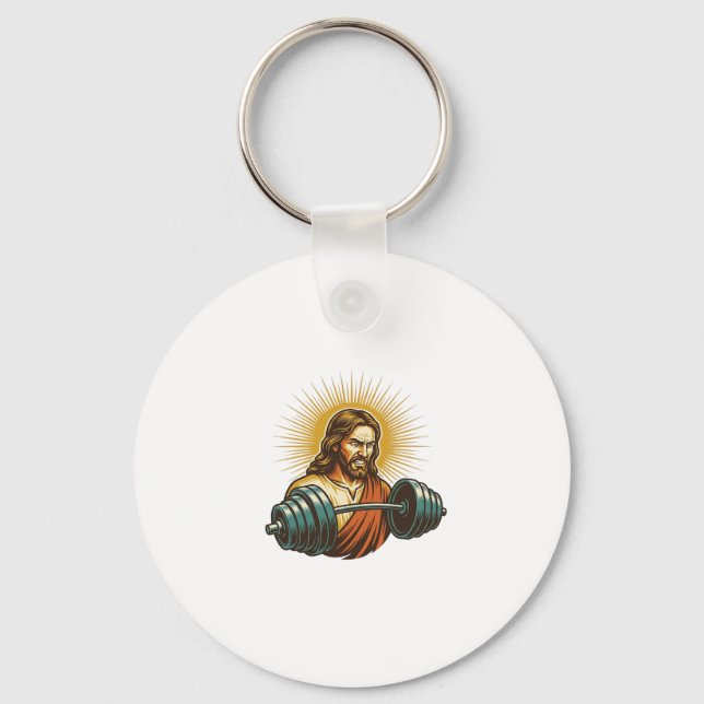 Jesus Accidentally Adding Too Much Weight Gym Fail Keychain (Front)