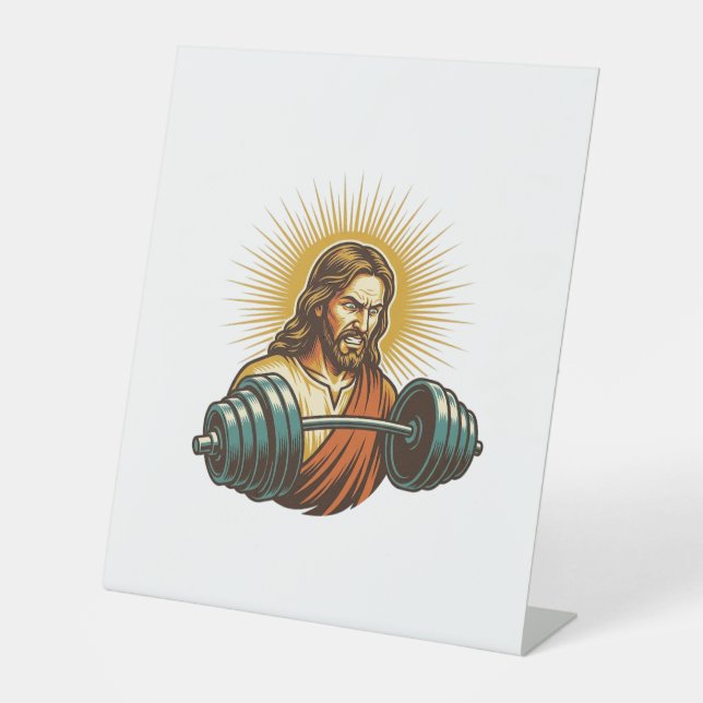 Jesus Accidentally Adding Too Much Weight Gym Fail Pedestal Sign (Front)